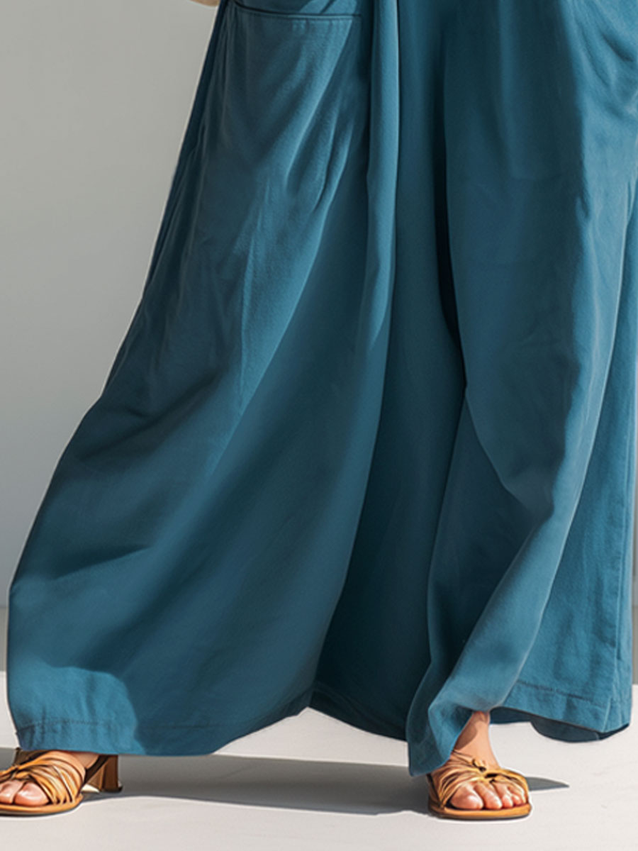 Loose-fitting High-neck Button-front Double-pocket Sleeveless Maxi Dress