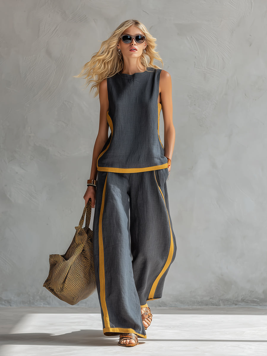 Elegant And Casual Two-tone Trim Gray Cotton And Linen Vest And Pants Set