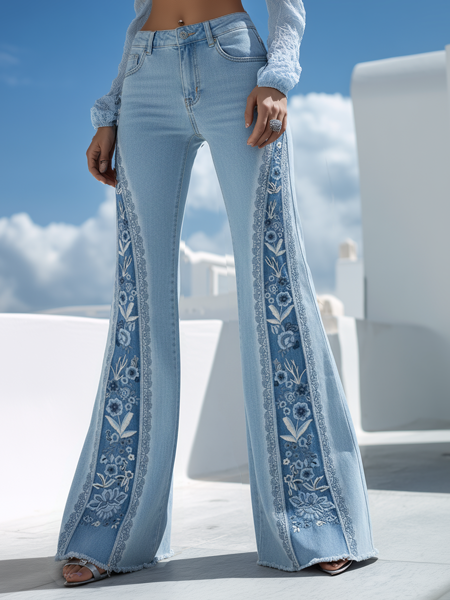 Casual And Stylish Blue Denim Printed Flared Pants