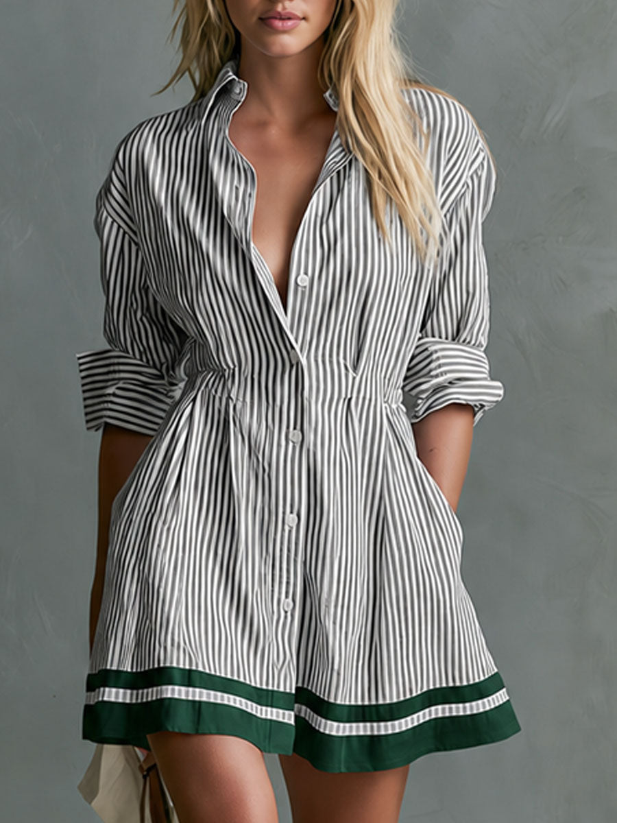 Retro-style Color-blocked Trim Blue Striped Long-sleeved Collared Cotton Mini Dress