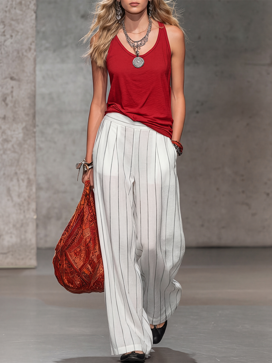 Comfortable And Relaxed Sleeveless V-neck Vest And Striped Chiffon Trousers Set