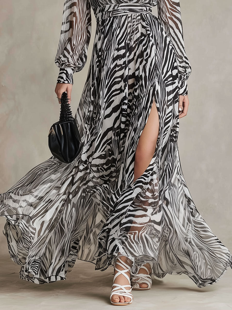 Retro Vacation Black And White Zebra Print Chiffon Long-sleeved Slit Maxi Dress