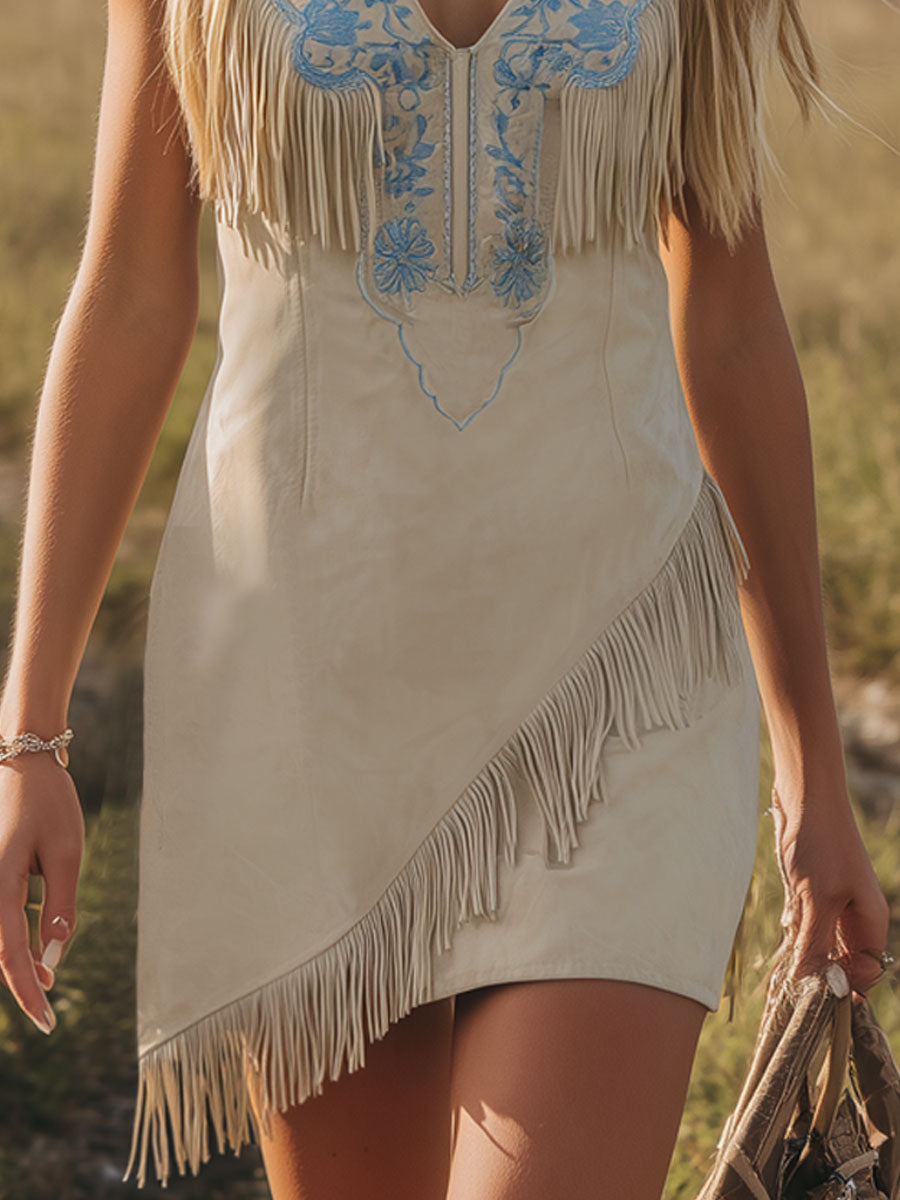 V-neck Color-blocked Embroidered Faux Suede Tassel Sleeveless Mini Dress