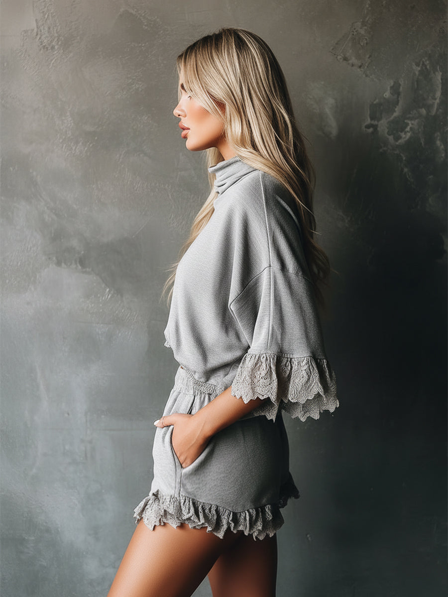 Urban Sporty Style Lace-trimmed Gray T-shirt And Shorts Set