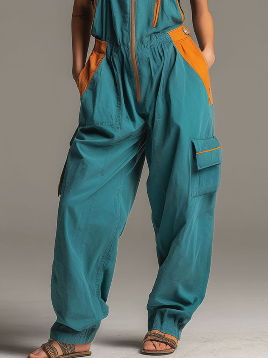 Casual Retro Orange And Lake Blue Cotton Overalls