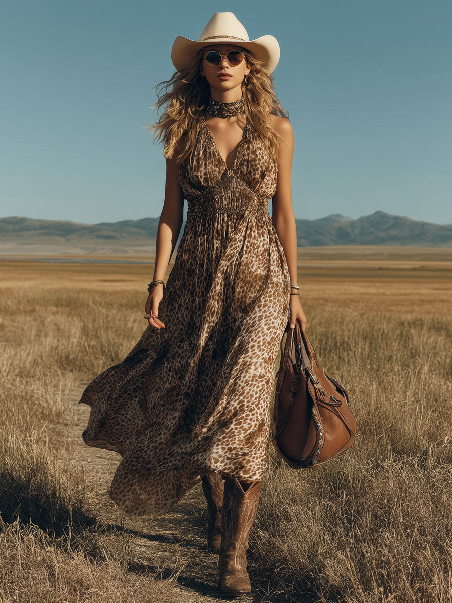 Western Retro Brown Leopard Print Chiffon Sleeveless Maxi Dress
