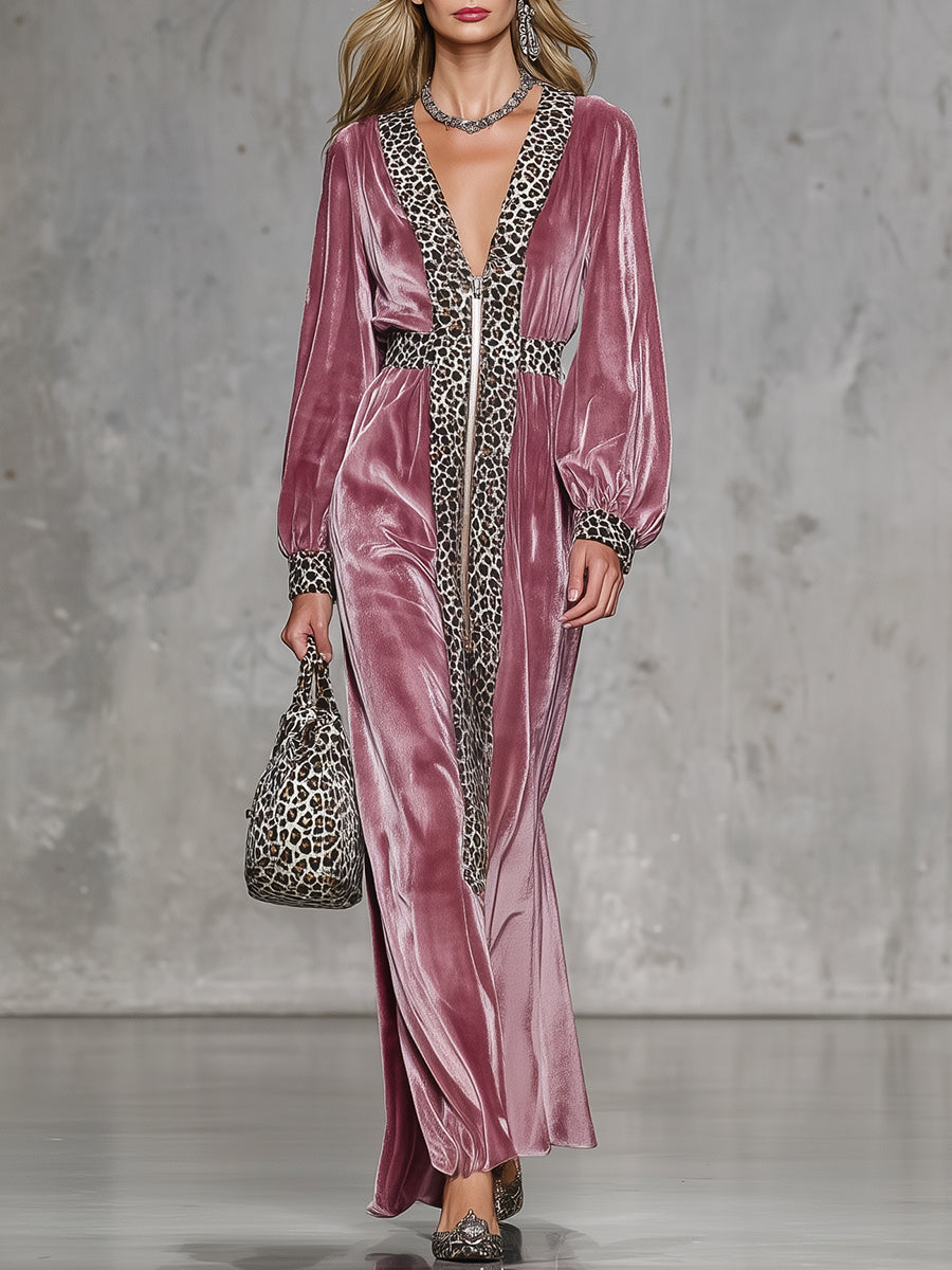Fashionable Pink Velvet Patchwork Leopard Print Zipper Straight Maxi Dress