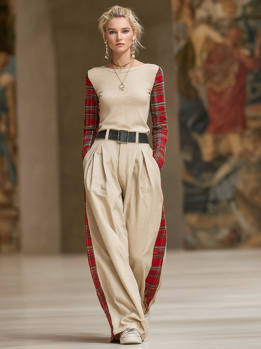 Red Checkered Patchwork Crew Neck Long-sleeved T-shirt And Loose Wide-leg Pants Set