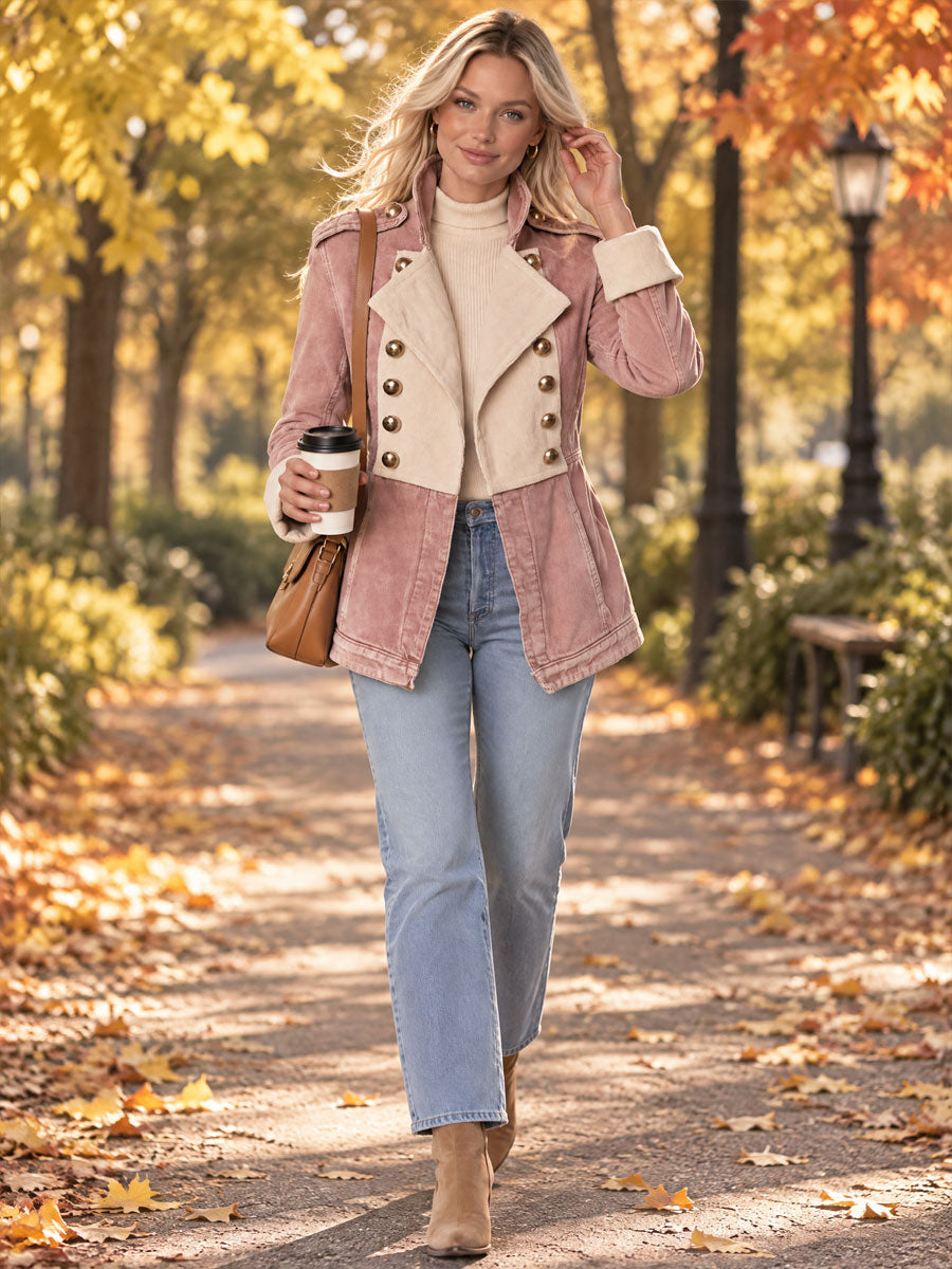 Stylish Retro White Corduroy Pink Double-Breasted Denim Coat