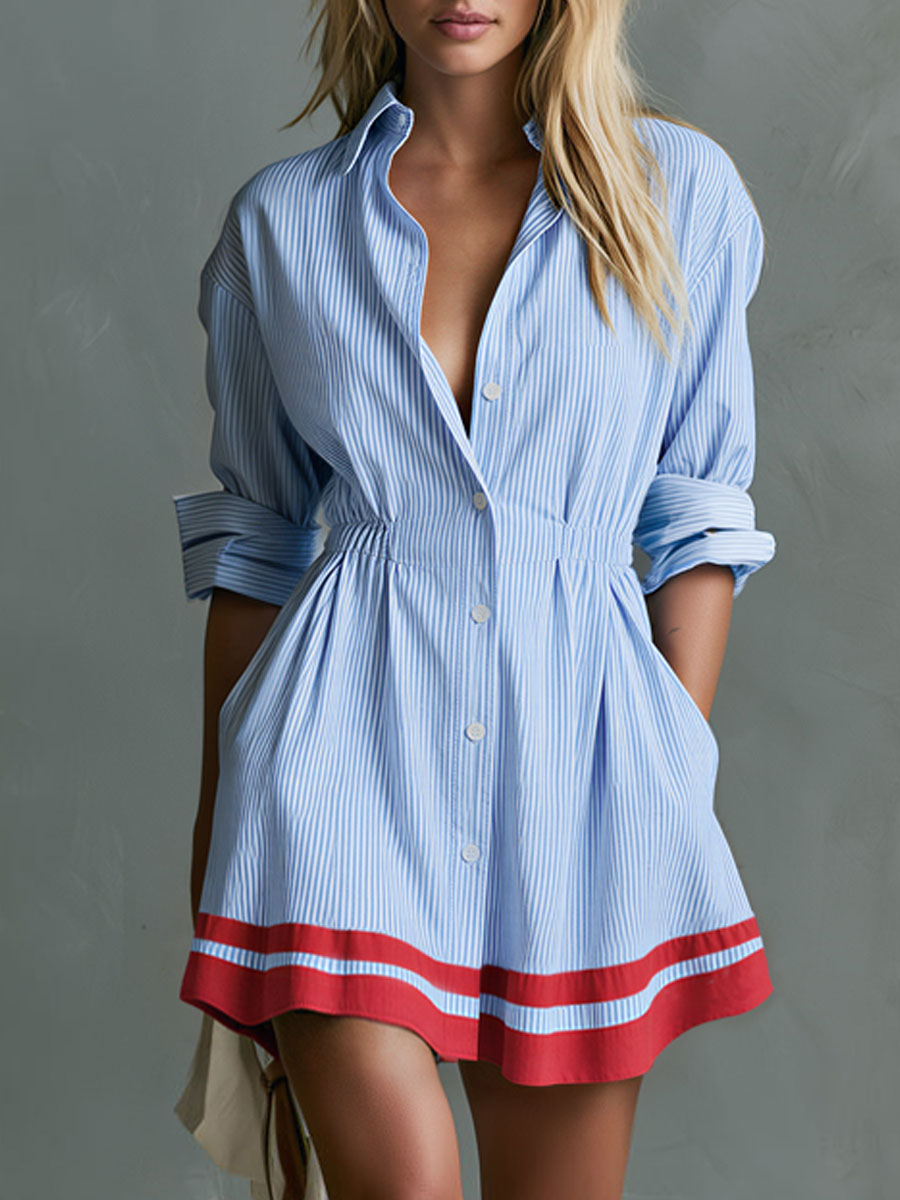 Retro-style Color-blocked Trim Blue Striped Long-sleeved Collared Cotton Mini Dress