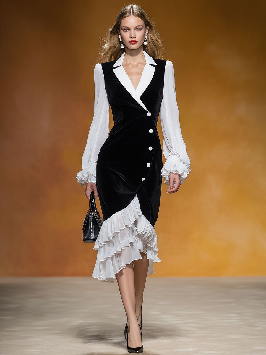 Stylish And Elegant White Chiffon And Black Velvet Mid-length Dress.