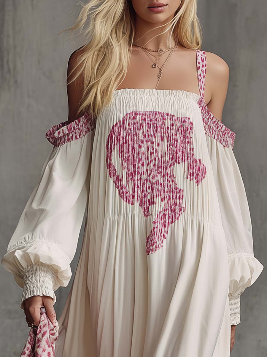 Retro Fashion Flowing Strappy Off-shoulder Leopard Print Shirred Cream Chiffon Maxi Dress