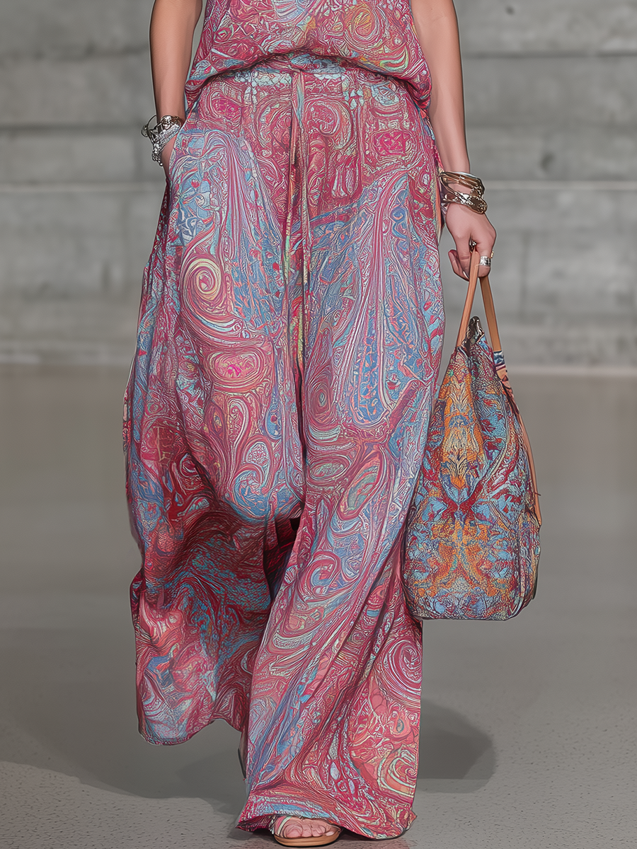 Fashionable And Casual Printed V-neck Sleeveless Chiffon Trouser Set