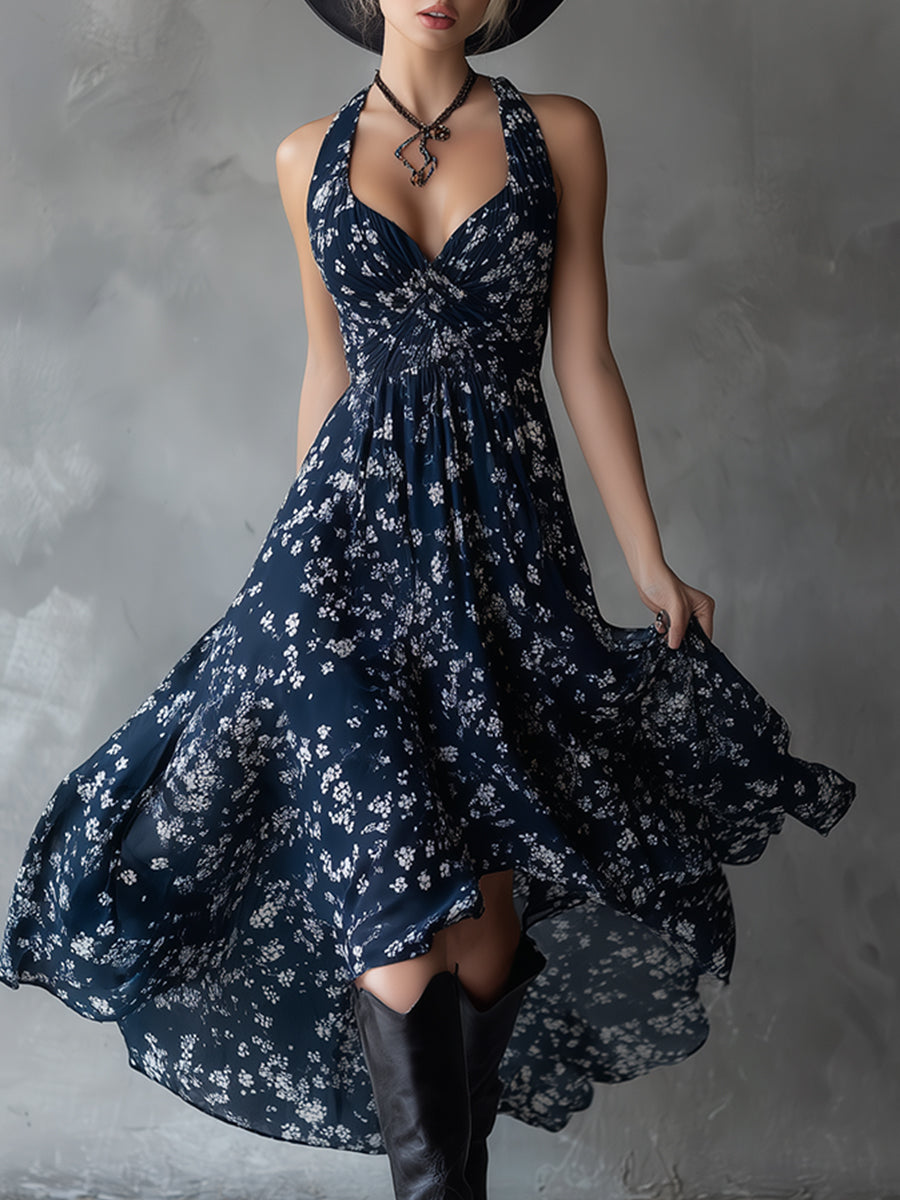 Retro Classic Floral Print Navy Blue Chiffon Sleeveless Maxi Dress