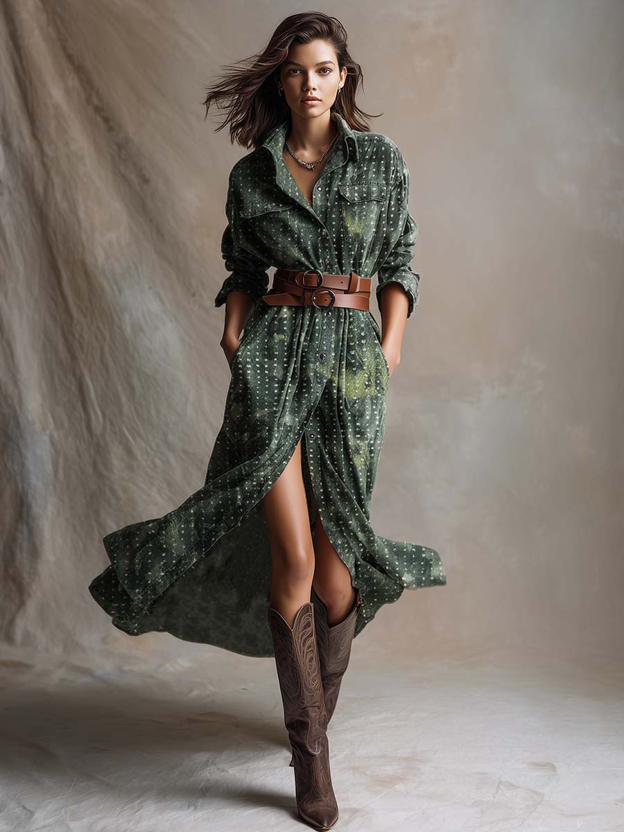 Vintage Western Front Button Lapel Front Button Green Tie-dye Pattern Denim Midi Dress