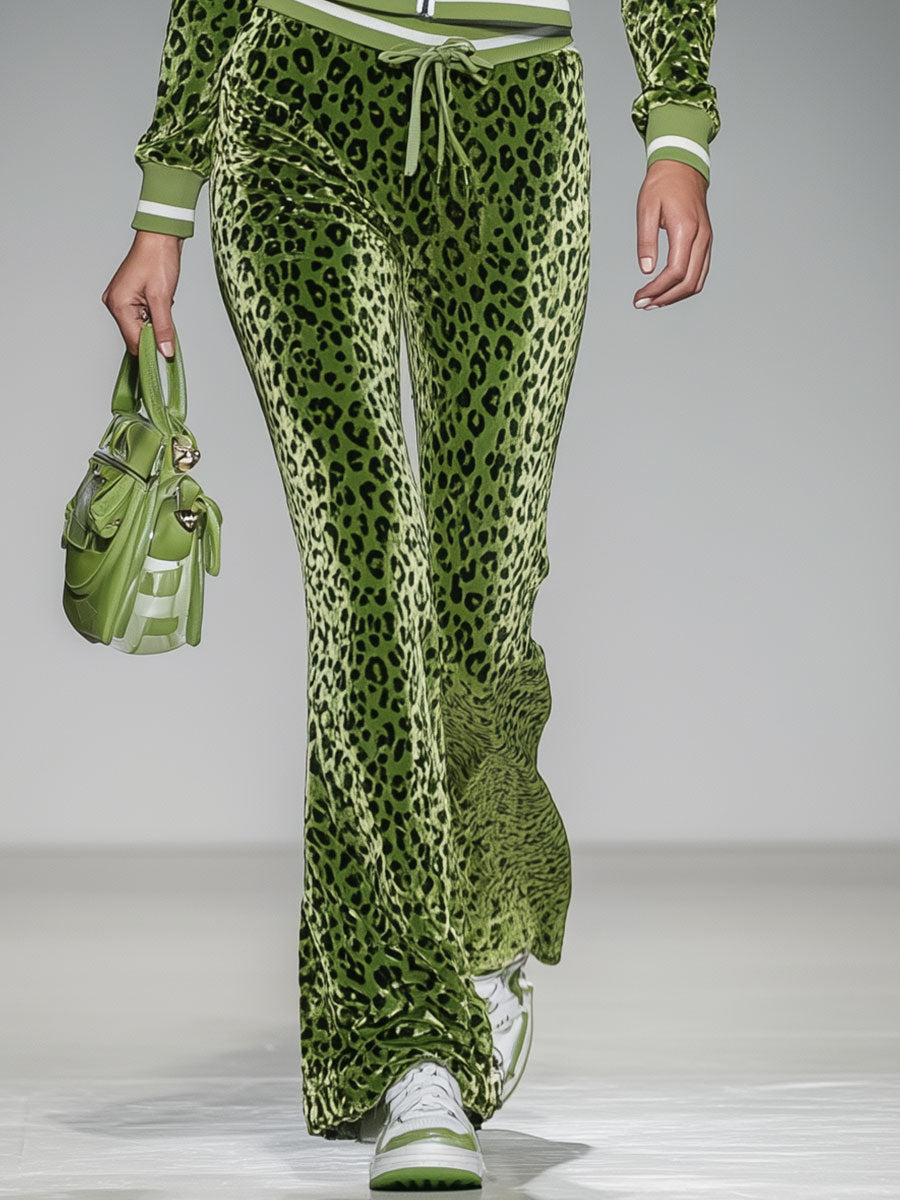 Stylish And Casual Green Leopard Print Hoodie And Pants Set