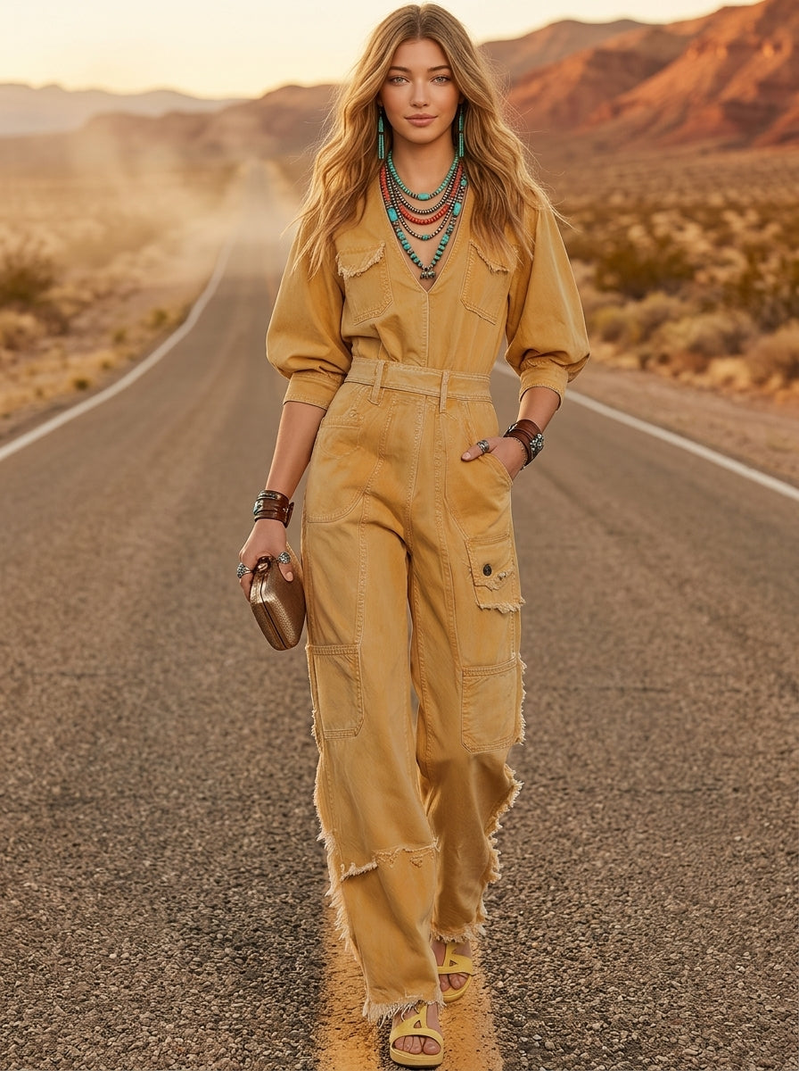 Retro Utility Denim Jumpsuit – Deep-V Frayed Tassel Lace-Up Waist Wide Leg