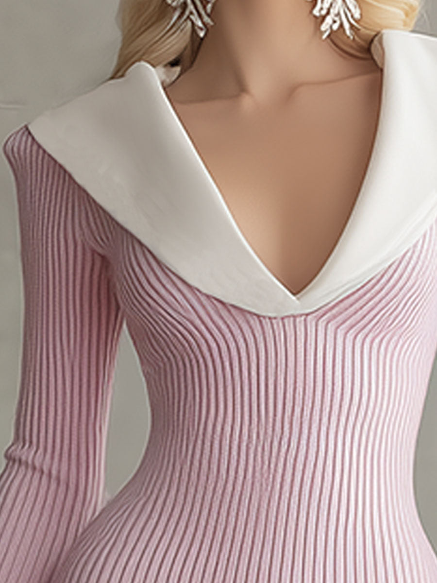 Elegant, Retro-style White Collared, Ruffled Pink Knitted Mini Dress