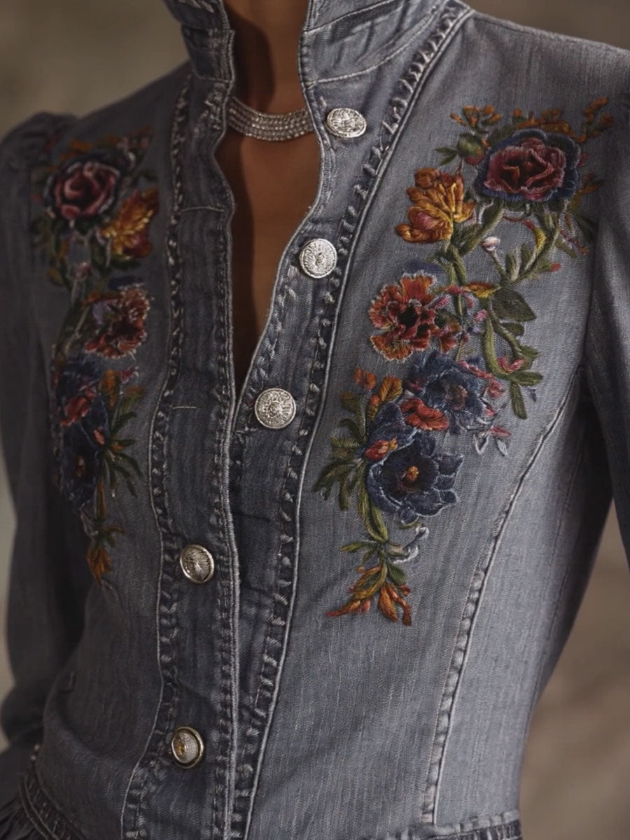 Casual Retro Floral Embroidered Ruffled Gray-blue Denim Jacket