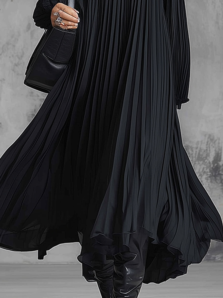 Elegant Urban Silhouette Black Chiffon Pleated Maxi Dress