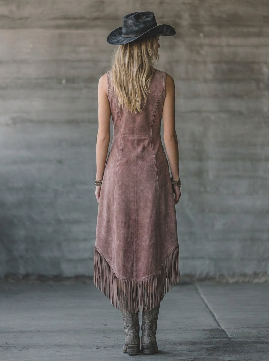 Dusty Pink Western Dress – Sleeveless Zip-Front Fitted Waist Fringed Hem