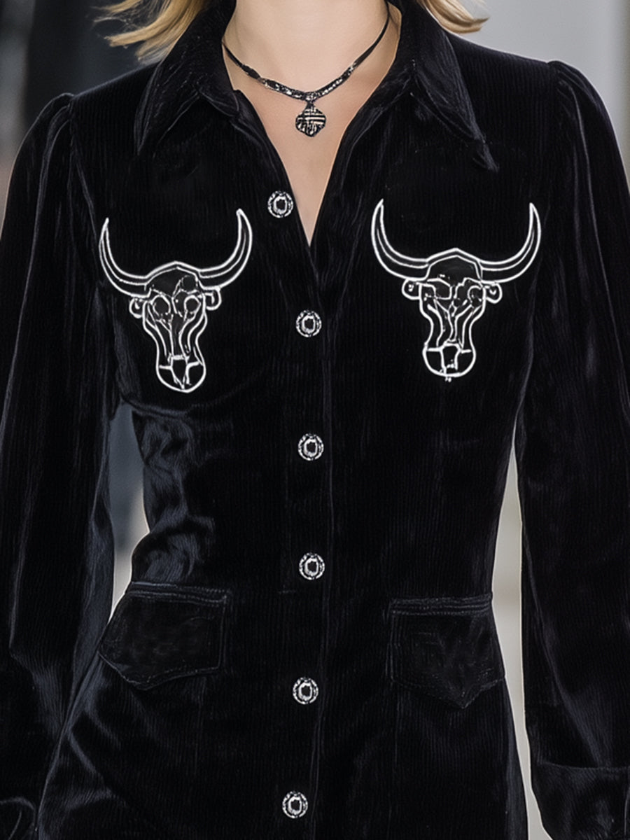 Stylish Black Corduroy Button-down Ruffled Bull&