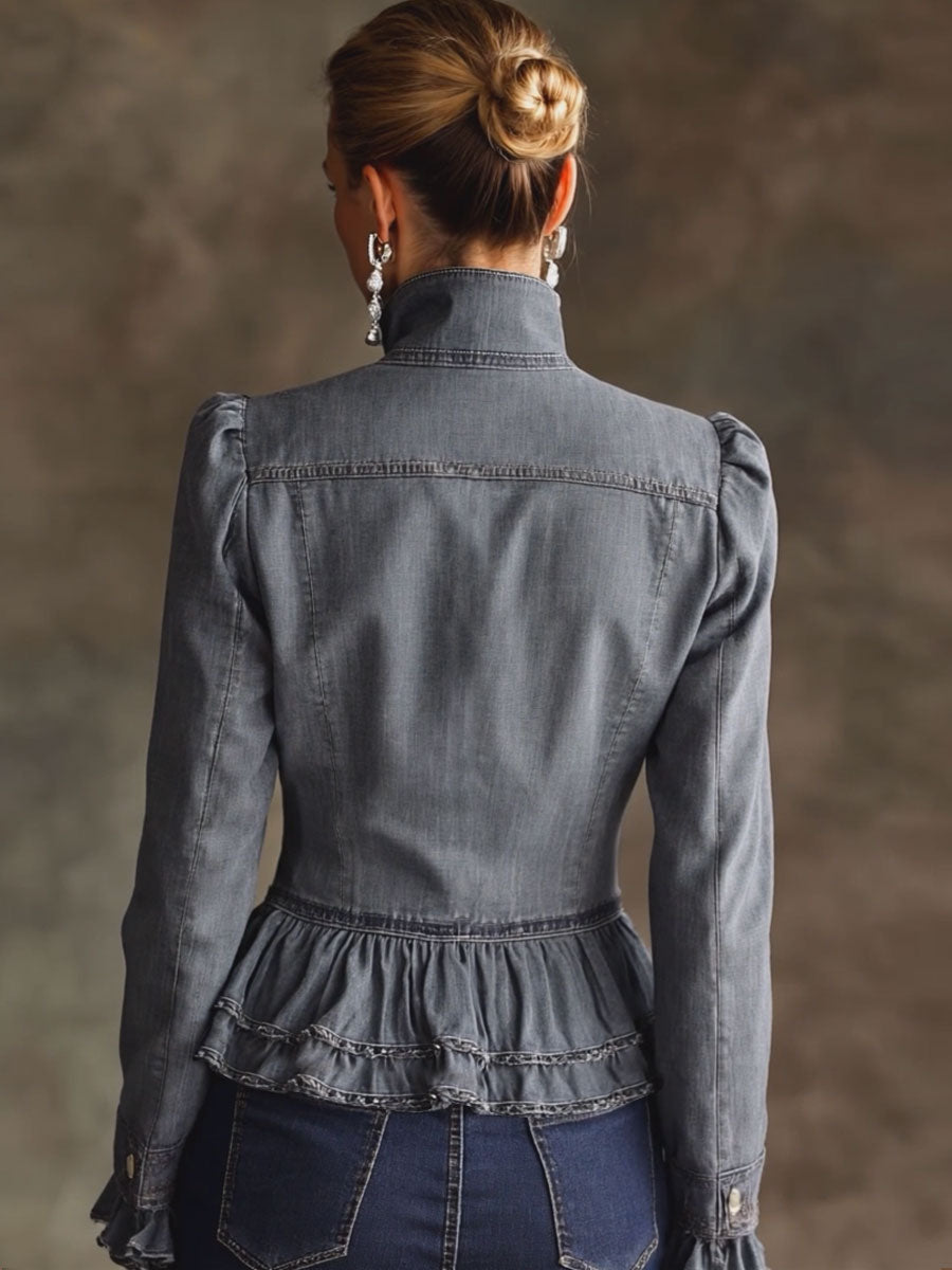 Casual Retro Floral Embroidered Ruffled Gray-blue Denim Jacket
