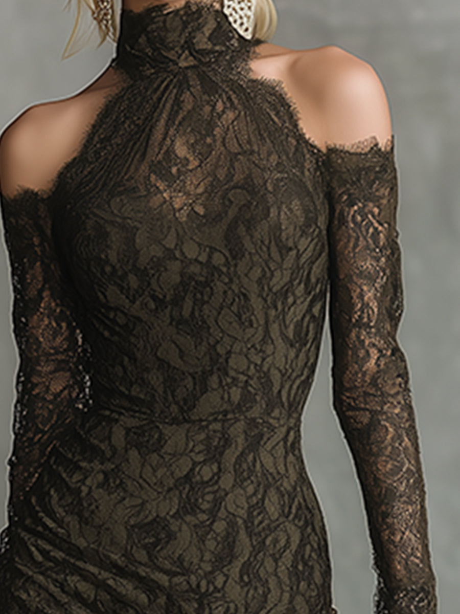 Retro-elegant Green Slightly Stretchy Lace Off-shoulder Long-sleeved Midi Dress