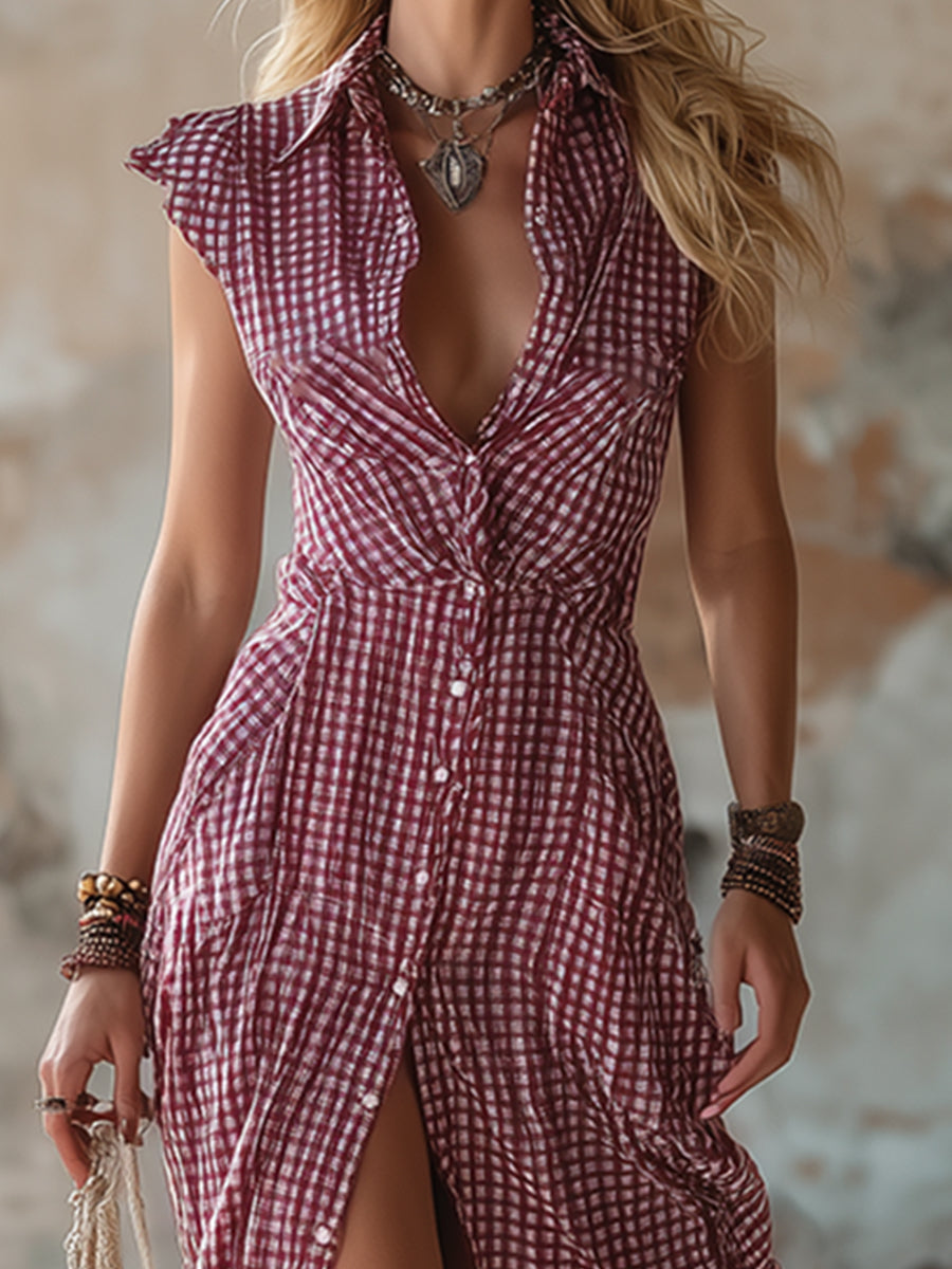 Stylish Western-style Red Checkered Lapel Sleeveless Maxi Dress
