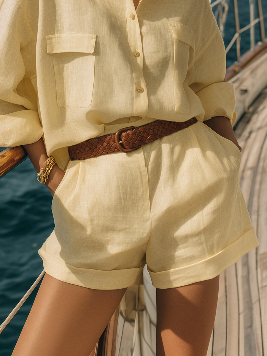 Simple And Stylish Resort-style Yellow Cotton And Linen Shirt And Shorts Set