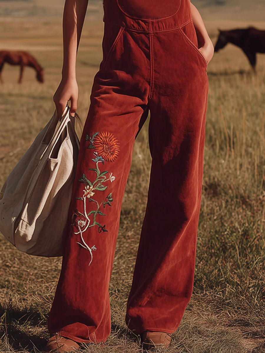 V-neck Floral Embroidered Faux Suede Overalls