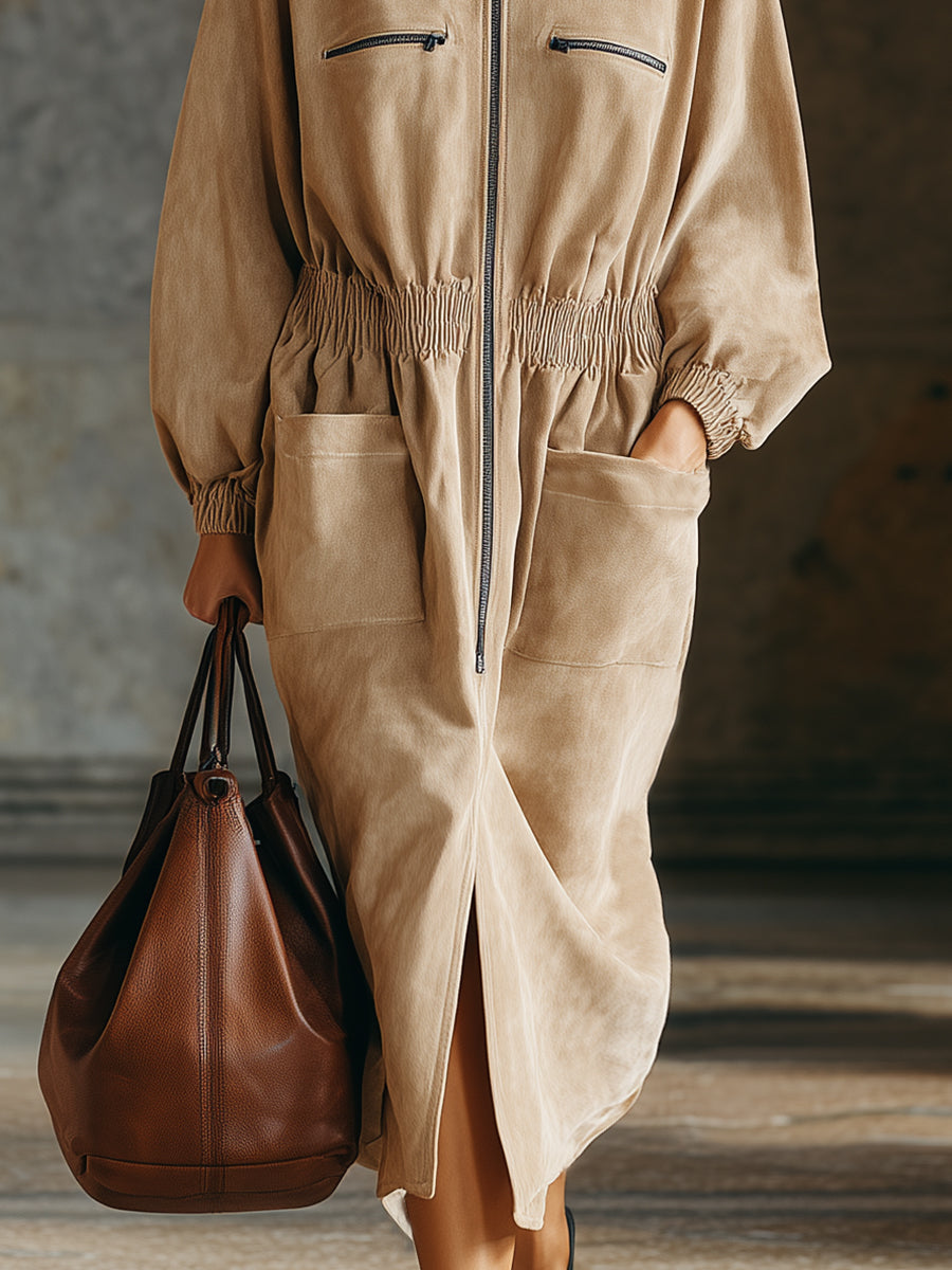 Casual And Stylish Multiple Pockets And Zippe Beige Hooded Midi Dress