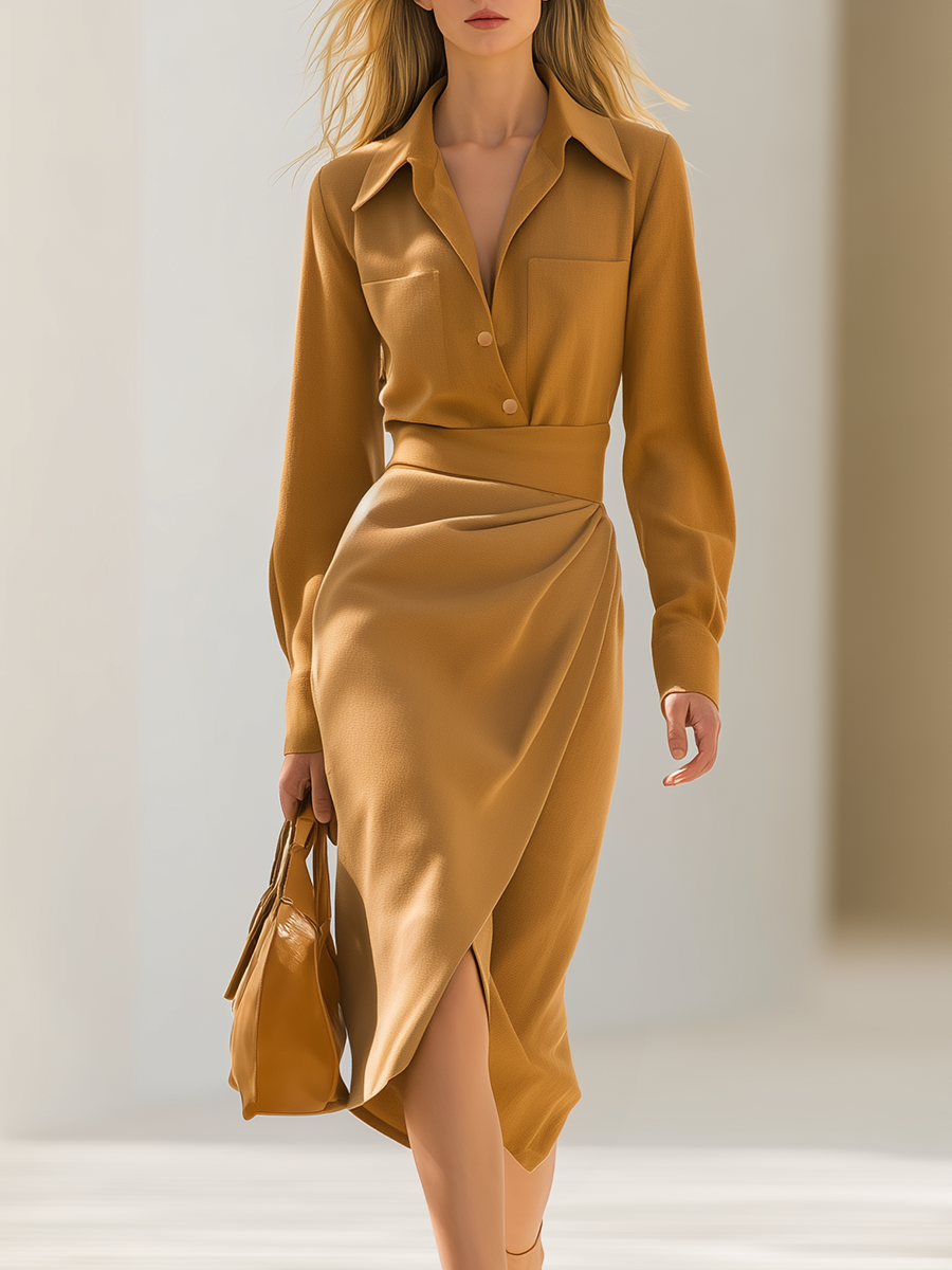 Elegant Business-style Solid Color Lapel Midi Dress