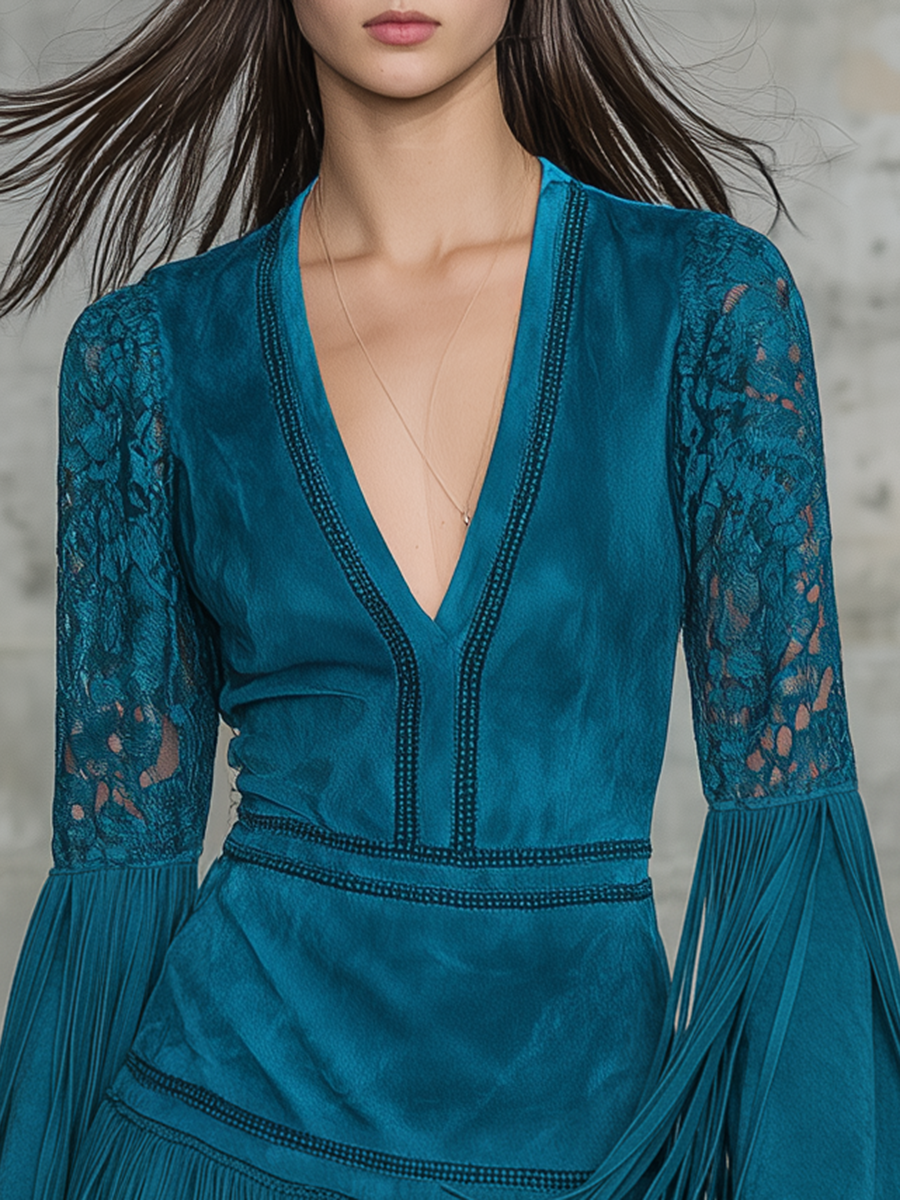 Retro V-neck Lace Sleeve Faux Suede Tassel Mini Dress