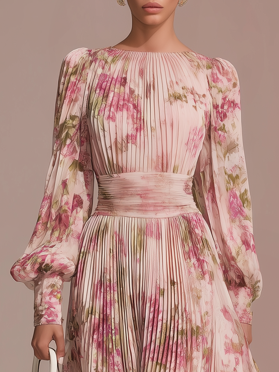 Elegant Floral Print Pleated Chiffon Maxi Dress