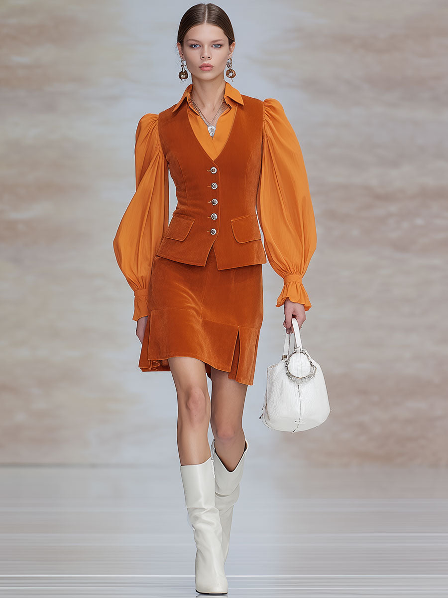 Fashionable Retro Long-sleeved Chiffon Orange Velvet Shirt And Skirt Set