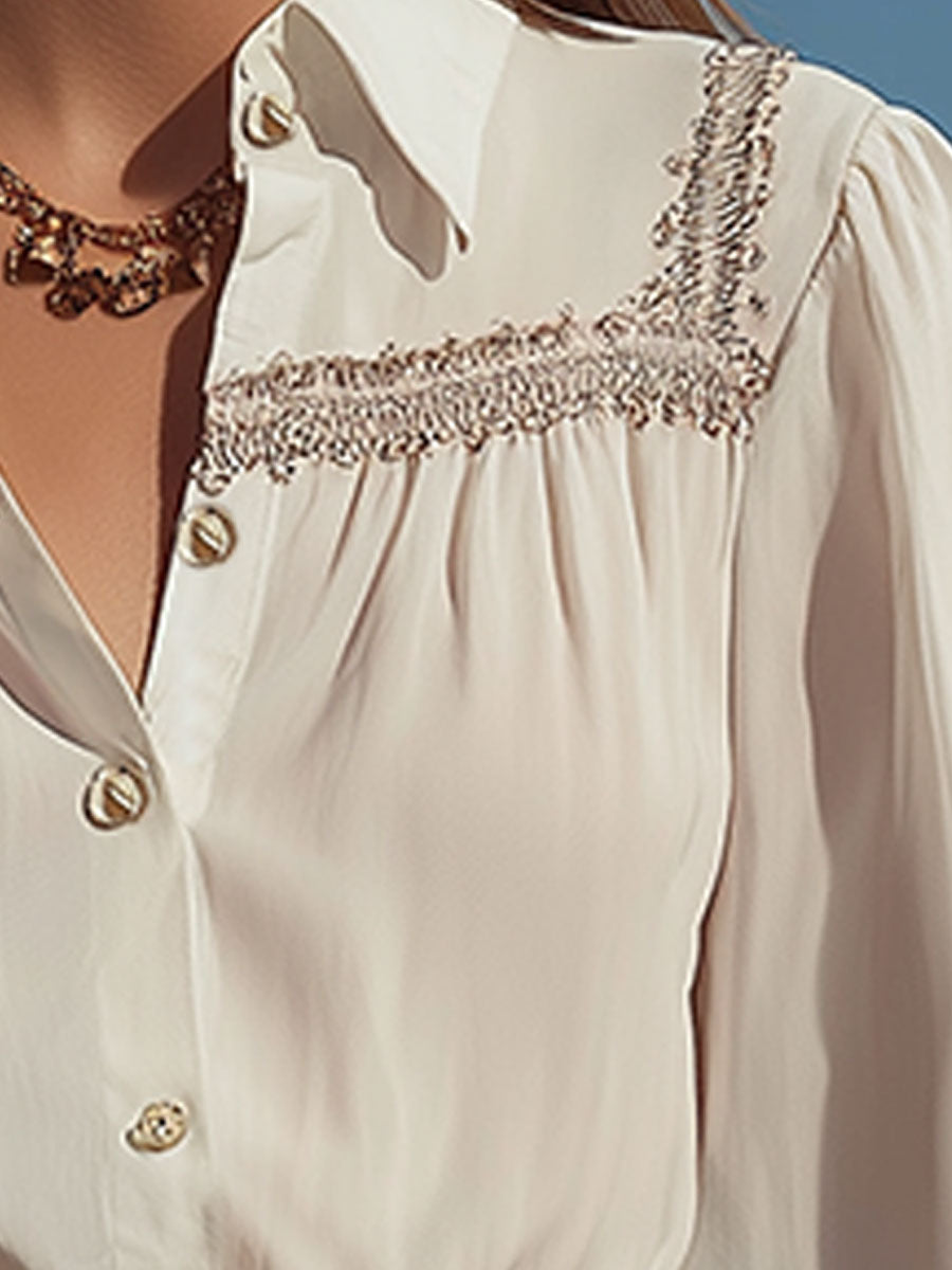 Western Retro Ribbon White Chiffon Long-Sleeve Shirt