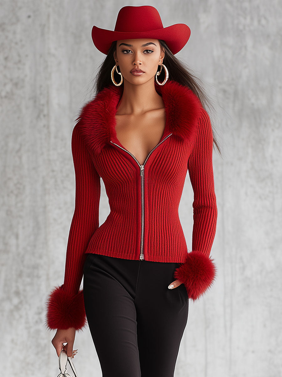 Lapel Zipper Faux Fur Collar Knitted Cardigan