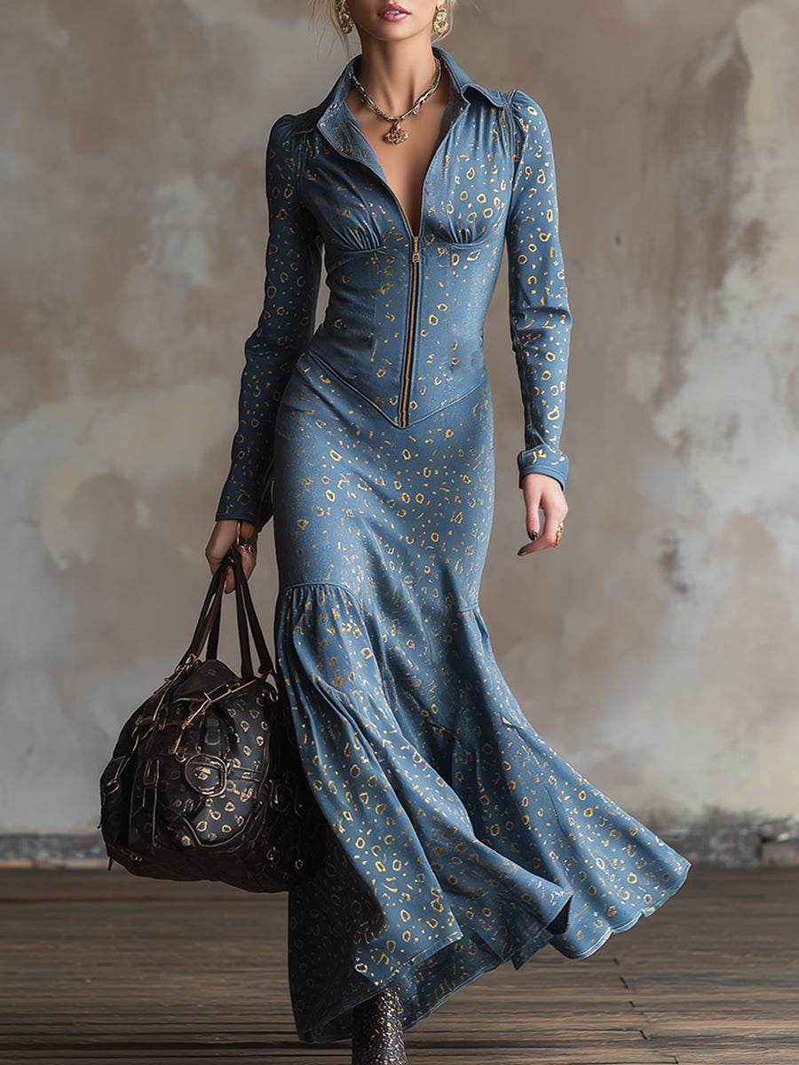 Elegant Urban Leopard Print Gold Foil Blue Tencel Denim Maxi Dress