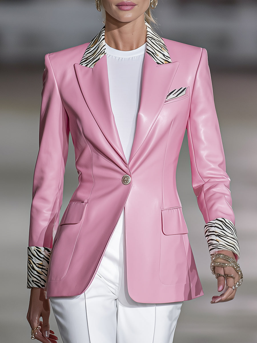 Elegant Pink Faux Leather Patchwork Zebra Print Button