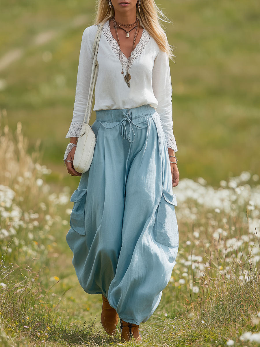 Loose-fitting Elasticated Drawstring Double-pocket Cotton-linen Wide-leg Pants