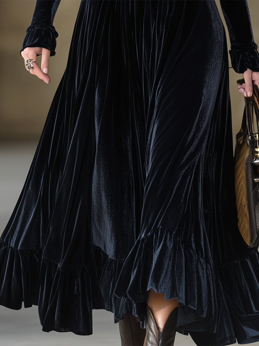 Stylish Black Velvet V-neck Ruffled Maxi Dress With Belt