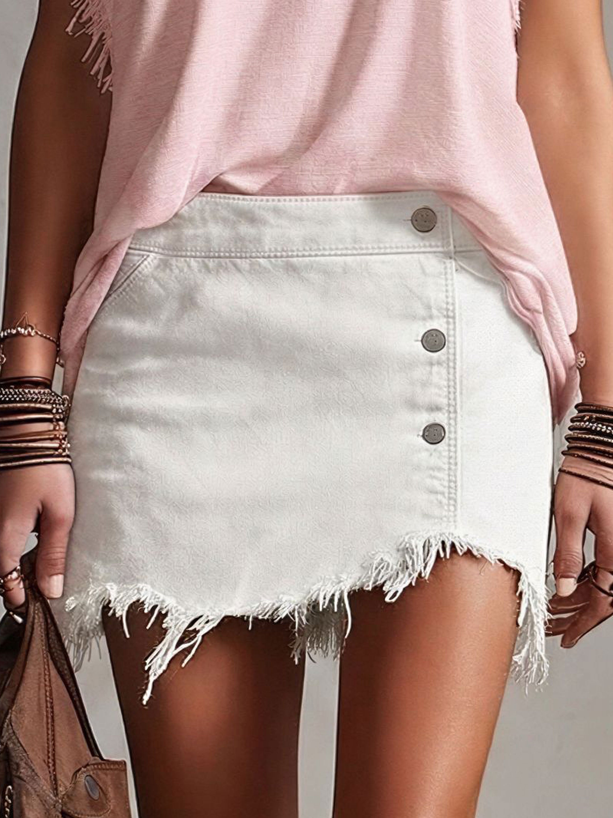 Western Retro Frayed Camel Denim Mini Skirt And Shorts