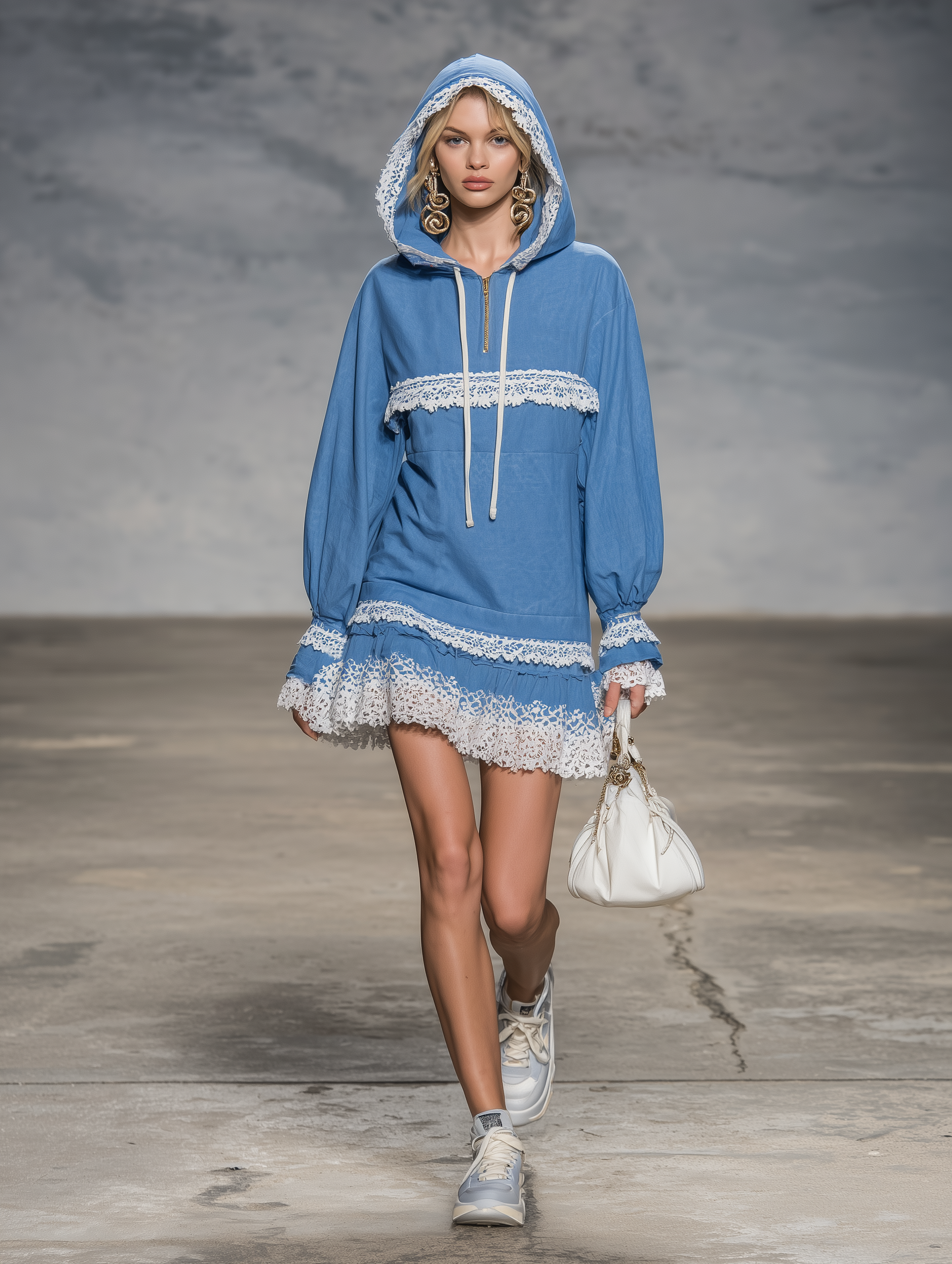 Elegant Blue Linen Zip-up Hooded With White Lace Detailing Mini Dress