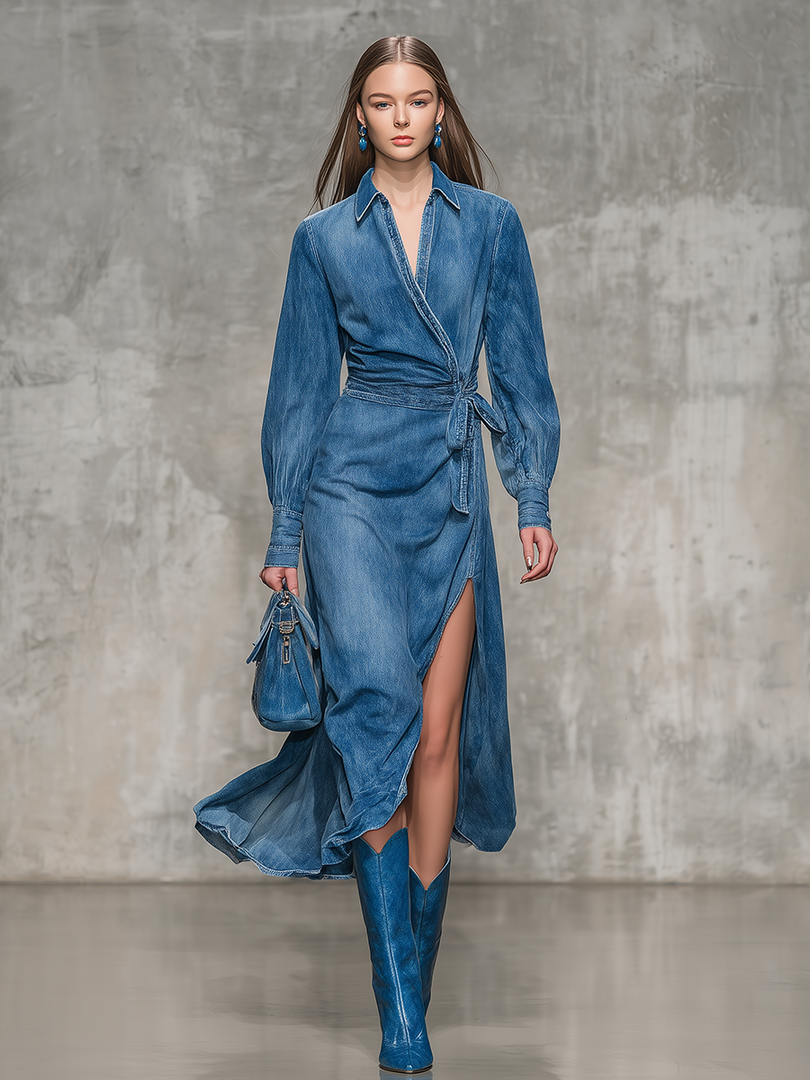 Retro Elegant Side-slit Denim Midi Dress