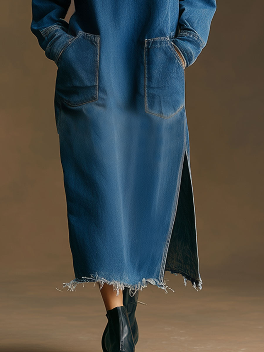Casual Retro Frayed Slit Dark Blue Denim Long-sleeved Midi Dress