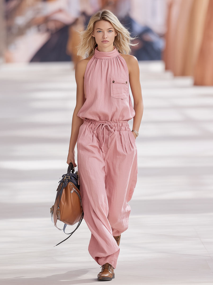 Pink High-neck Sleeveless Top And Trousers Cotton And Linen Set