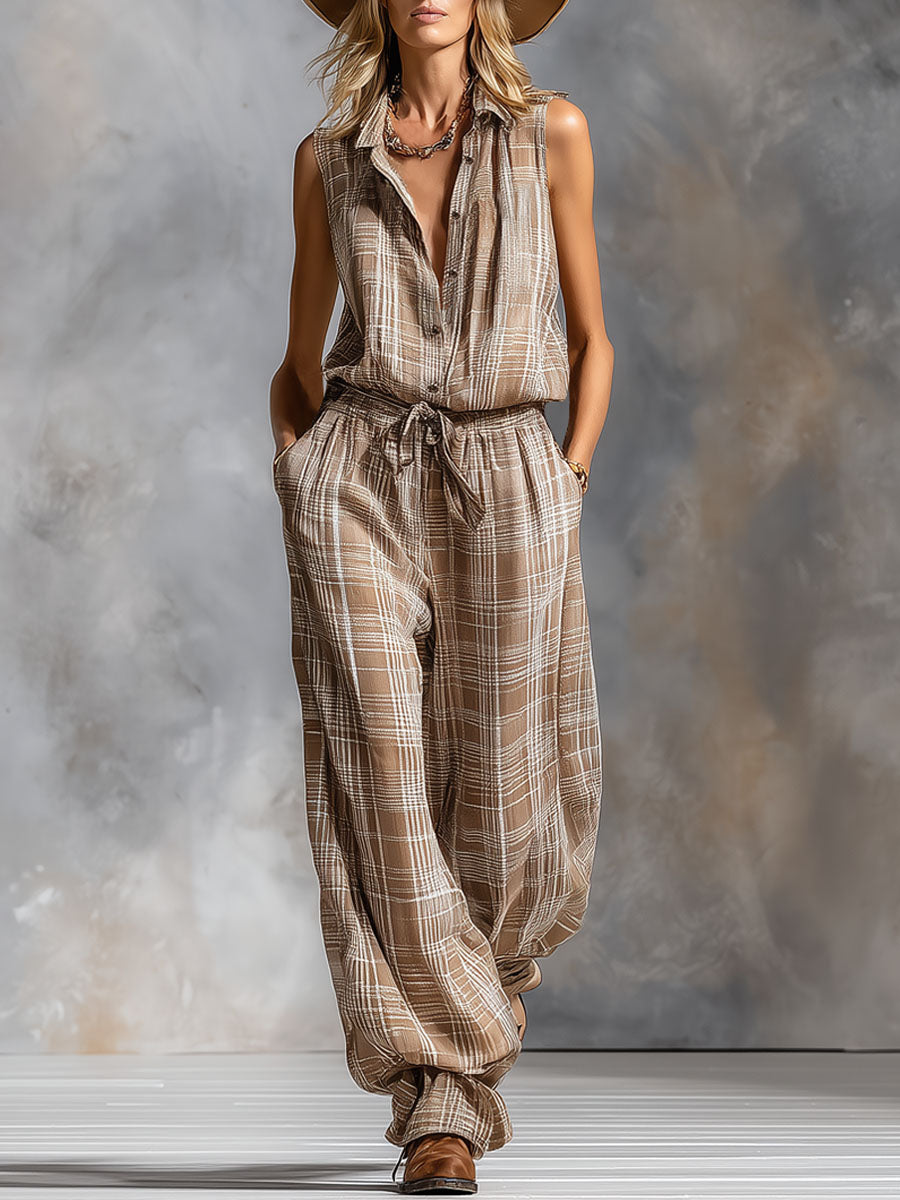 Lapel Collar Plaid Print Chiffon Sleeveless Jumpsuit