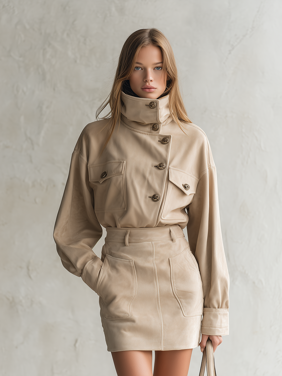 Retro-chic Stand-up Collar Faux Suede Shirt And Mini Skirt Set