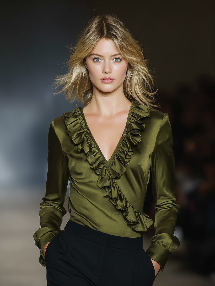 Elegant Olive Green V-neck Ruffled Long-sleeved Top